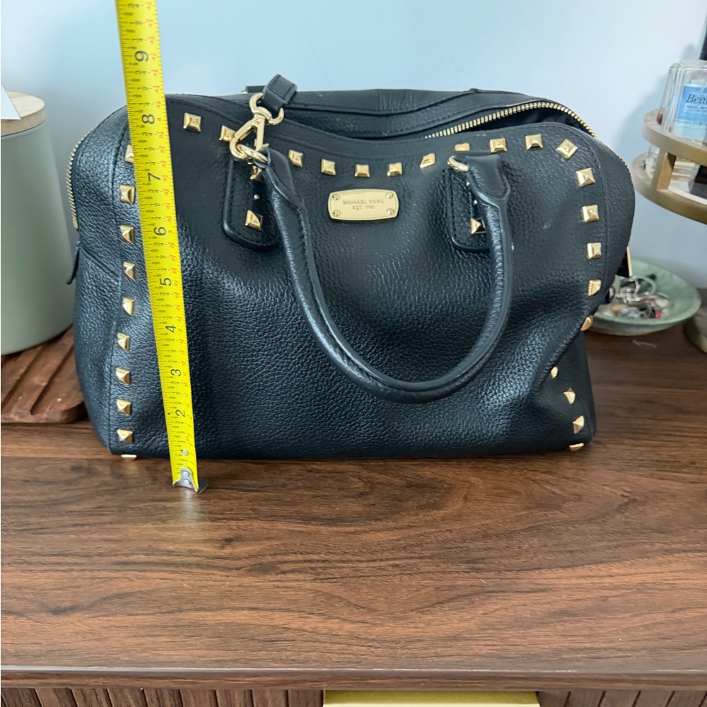 Michael Kors Black Leather Studded Satchel with Gold Hardware - Picture 5 of 6